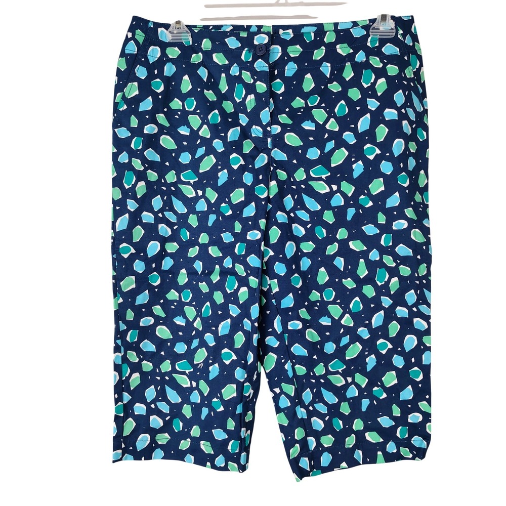 Talbots Petites Navy Blue Green Mosaic Print Knee Length Shorts Cotton Stretch